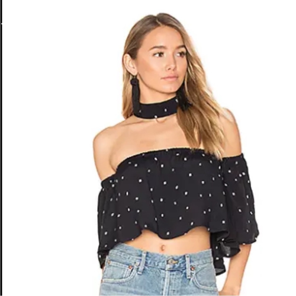 Flynn Skye Black Polka Dot Off Shoulder Choker Crop Top Medium